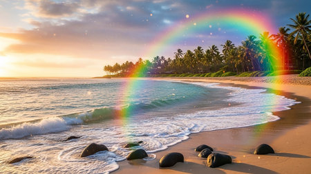 A vibrant rainbow arches over a serene tropical beach with gentle waves lapping the shore, palm trees lining the background, and a warm sunset sky.の素材