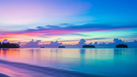 A vibrant sunset paints the sky with a spectrum of colors, beautifully reflected on the calm ocean surface, with silhouetted islands on the horizon.の素材