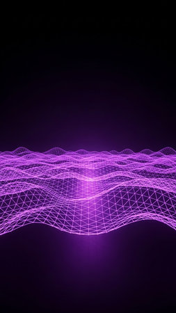 A 3D rendered abstract landscape of a glowing purple wireframe mesh with undulating waves, set against a dark background.の素材