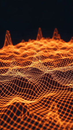 A 3D abstract landscape rendered as a glowing orange wireframe grid, depicting peaks and valleys with a dark background.の素材
