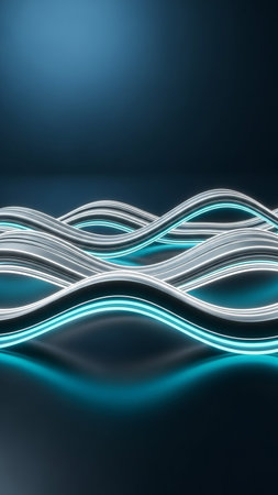An abstract visualization of glowing neon blue and white wavy lines creating a fluid, futuristic pattern against a dark blue background.の素材