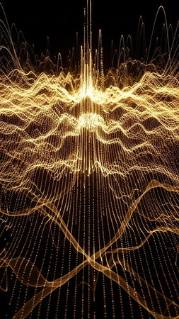 An abstract visualization of golden light trails and glowing particles forming a dynamic 3D landscape against a stark black background.の素材