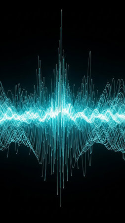 An abstract visualization of a blue glowing sound wave with intricate lines and particles against a dark background, representing audio.の素材