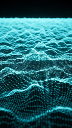 An abstract digital landscape composed of a cyan mesh network with connected dots forming wavy terrain, set against a dark background with soft focus.の素材