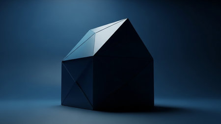 An abstract, geometric house shape rendered in a deep blue hue with dramatic lighting and shadows, creating a minimalist silhouette.の素材