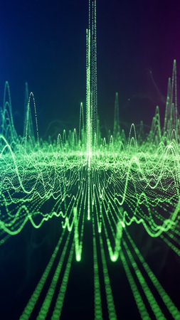 With showing abstract green digital sound waveform visualization with glowing particles keywords: sound wave, audio, music, waveform, equalizer, digital, technology, abstract, green, glowing,...の素材