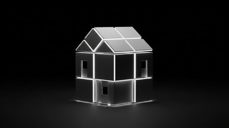 An abstract geometric house structure made of metallic cubes with glowing neon light accents is presented against a dark background.の素材