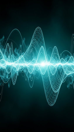 An abstract glowing cyan waveform with a wireframe mesh overlay against a dark background, representing sound or digital energy.の素材