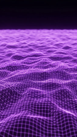 An abstract digital landscape rendered in purple, featuring a wavy grid of lines and dots with a glowing effect.の素材