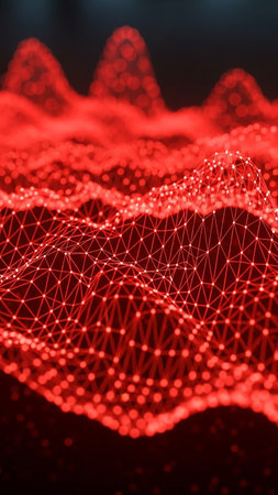 An abstract visualization of a digital network with a red glowing wireframe mesh and numerous interconnected dots, set against a dark, blurred background.の素材