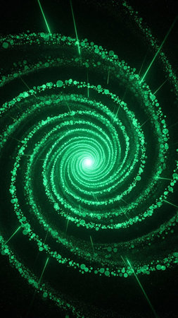 A vibrant green swirling galaxy nebula with glowing particles and bright light streaks emanating from a central bright point against a dark background.の素材