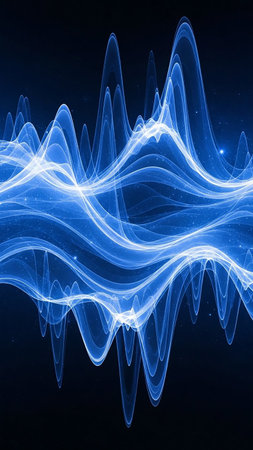 An abstract visualization of a blue waveform with glowing particles and intricate light patterns against a dark background, suggesting sound or energy.の素材