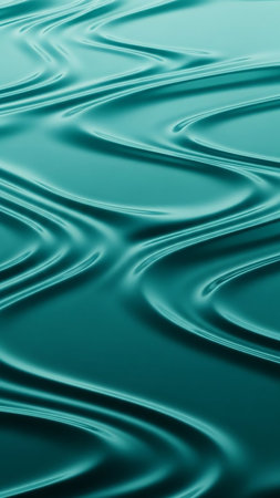 A close-up abstract view of a smooth, wavy surface with flowing ripples in shades of teal and green, creating a dynamic and fluid texture.の素材