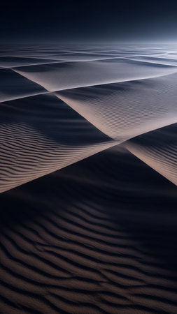 An abstract view of desert sand dunes creates a mesmerizing pattern of lines and shadows under dramatic lighting.の素材