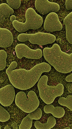 Abstract, organic shapes are densely covered in vibrant green moss, creating a textured and natural pattern.の素材