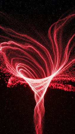A mesmerizing abstract vortex of red glowing particles with luminous trails swirls against a dark, star-speckled background.の素材