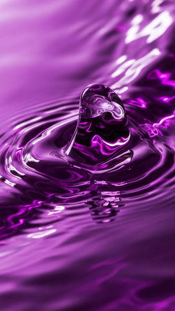 A dynamic splash of vibrant purple liquid creates concentric ripples on the surface, with a subtle reflection visible.の素材