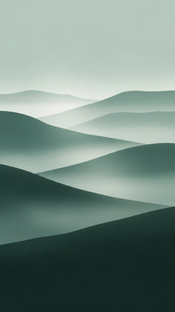 An abstract landscape features smooth, rolling hills in muted teal and green tones, softened by a gentle fog and subtle gradients.の素材