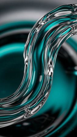 An abstract, dynamic swirl of glossy teal and silver liquid creates a mesmerizing, fluid shape with reflective highlights and a sense of motion.の素材