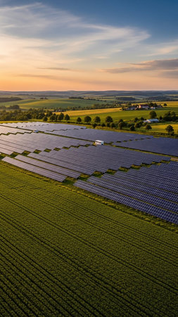 Aerial view of a large solar panel farm stretching across a green field, bathed in the warm light of a sunset with rolling hills in the distance.の素材