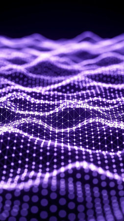 An abstract purple digital landscape is formed by a glowing white dot grid creating undulating waves, suggesting a network or data visualization.の素材