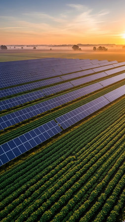 An aerial view captures rows of solar panels stretching across a green field under a warm sunrise sky, showcasing renewable energy technology.の素材