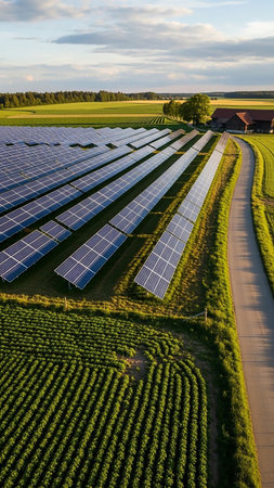 An aerial view shows a large solar panel farm stretching across a rural landscape with green fields and a road.の素材