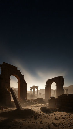 Ancient stone ruins with arches and pillars are scattered across a dusty desert landscape, illuminated by hazy sunlight.の素材