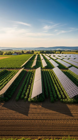 An aerial perspective of a solar farm with rows of solar panels situated between cultivated agricultural fields, bathed in the warm light of a setting sun.の素材