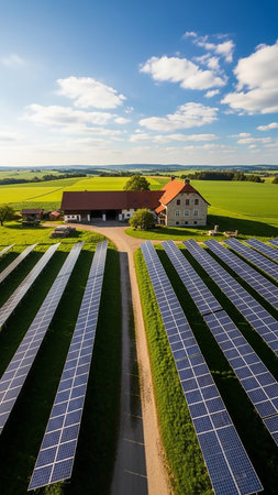 Aerial perspective of numerous solar panels arranged in rows beside a red-roofed farmhouse in a lush green rural setting.の素材