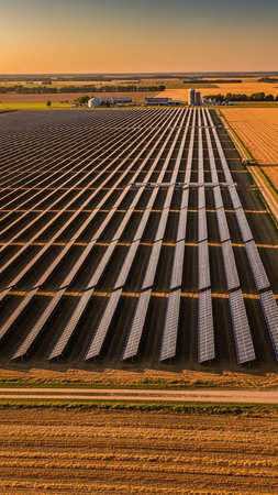 An expansive solar farm stretches across the landscape at sunset, with rows of solar panels reflecting the warm golden light of the setting sun.の素材