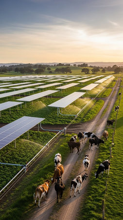 An aerial view captures a dairy farm with cows grazing near rows of solar panels under a warm sunset sky, showcasing a blend of agriculture and renewable energy.の素材