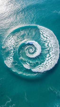 An aerial view of the ocean reveals a powerful wave forming a perfect, mesmerizing spiral with white foam against the turquoise water.の素材