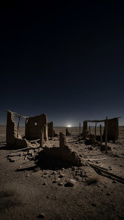 Crumbling adobe ruins stand in a desolate desert landscape under a dark, clear sky with a faint glow on the horizon.の素材