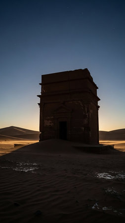 An ancient, weathered stone structure stands isolated in a desert landscape at dawn, with sand dunes in the background.の素材