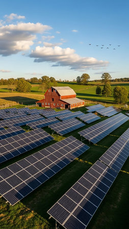 An aerial view shows a red barn in a rural landscape with rows of solar panels in the foreground and green fields under a blue sky with clouds.の素材