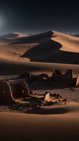 Ancient, crumbling desert ruins are nestled amongst rolling sand dunes under a dark, starry night sky with a faint moon.の素材