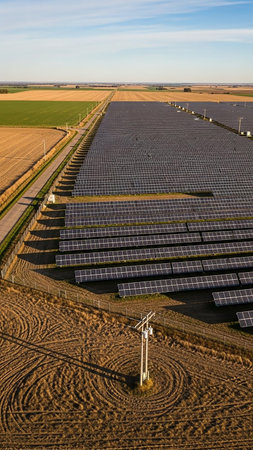 An aerial view shows a large solar panel farm stretching across the land next to agricultural fields under a clear blue sky.の素材