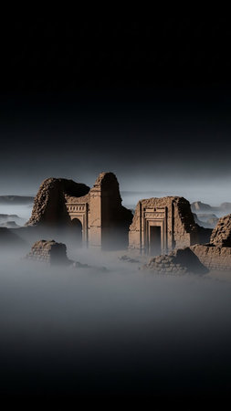 Ancient stone ruins emerge from thick fog in a desolate desert landscape under a dark, moody sky.の素材