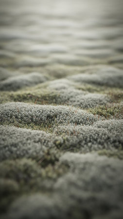 A close-up, macro view of a textured ground covered in soft, fuzzy moss and lichen, with a shallow depth of field blurring the background.の素材