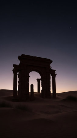 Silhouetted ancient Roman arch ruins stand amidst sand dunes under a dark twilight sky with faint stars.の素材