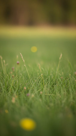 A close-up view of lush green grass with a soft focus effect. Yellow flowers are blurred in the foreground and background, creating a serene atmosphere.の素材