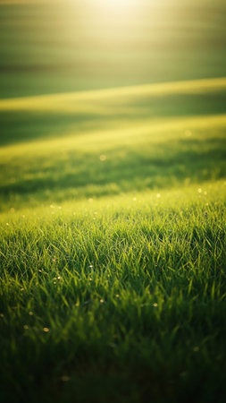 A close-up view of lush green grass blades glistening with dew, bathed in warm golden sunlight, with a soft, blurred background.の素材