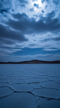 A vast expanse of cracked salt flats with hexagonal patterns stretches towards a distant horizon under a dramatic sky filled with dark, moody clouds at dusk.の素材