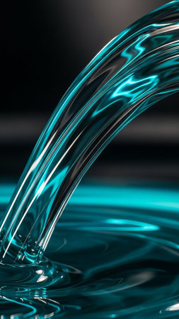 A close-up view captures a vibrant stream of turquoise liquid pouring and creating intricate ripples on a dark, reflective surface, highlighting its fluid motion.の素材