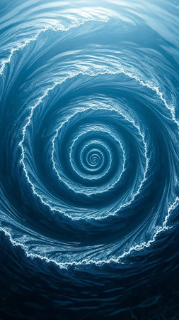 A powerful blue ocean vortex swirls inward, creating a hypnotic spiral with white foamy edges and deep dark depths.の素材