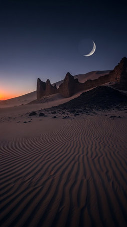A crescent moon hangs in the twilight sky above ancient desert ruins and rippled sand dunes. Clear details and vibrant colors enhance visual appeal.の素材