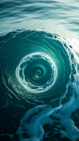 A detailed close-up captures the mesmerizing swirl of a turquoise ocean wave, with white foam forming a central vortex and radiating outwards.の素材