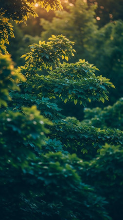 A close-up view of vibrant green tree leaves, softly illuminated by warm, golden sunlight filtering through the dense forest canopy, creating a serene atmosphere.の素材