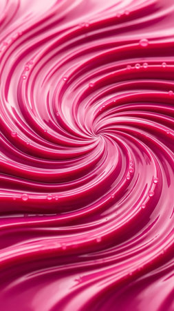 A close-up abstract view of a vibrant pink liquid swirling in a dynamic pattern with tiny water droplets scattered across the surface.の素材